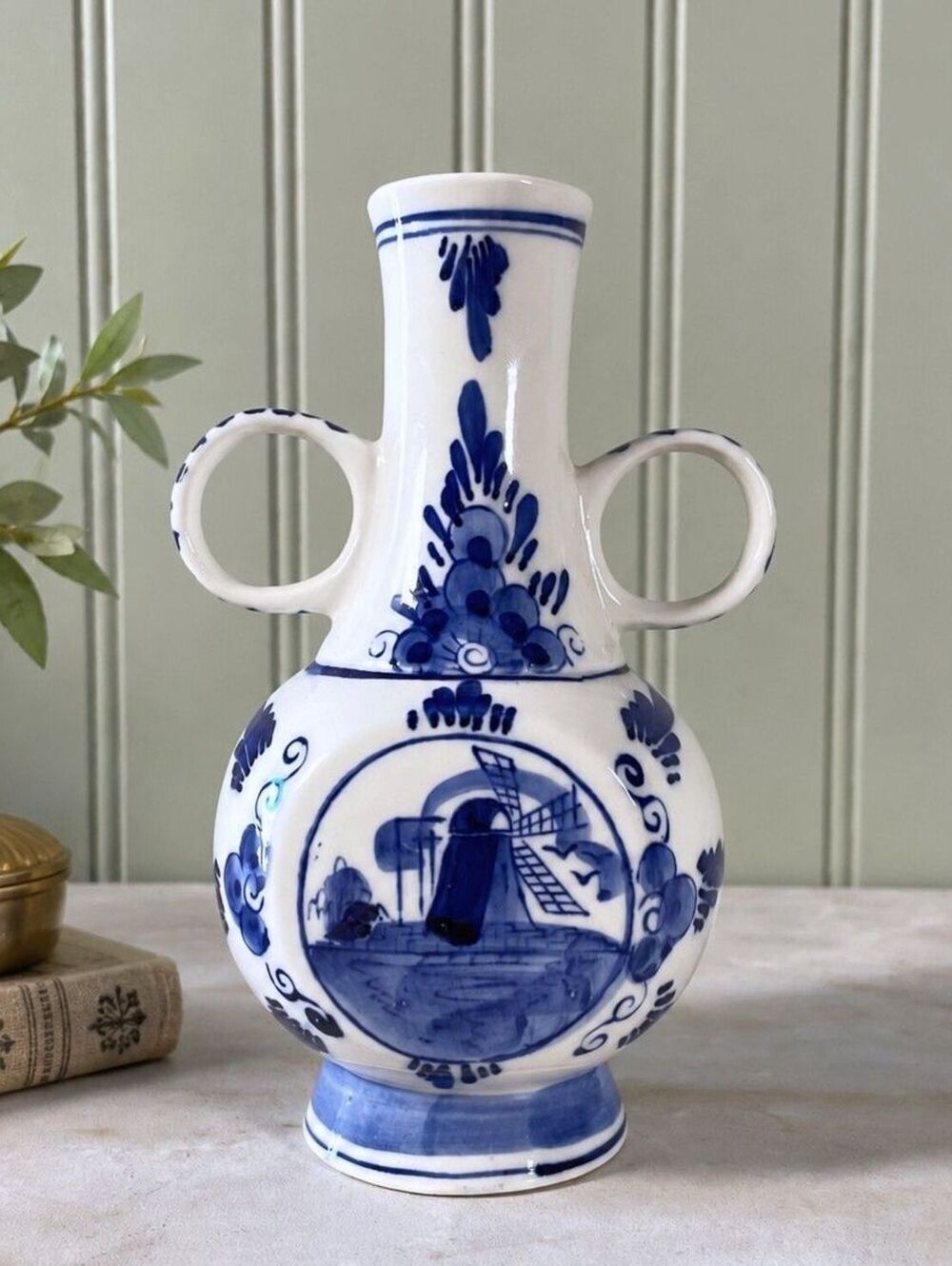 Vintage Holland Delf Double Handled Blue and White Vase
